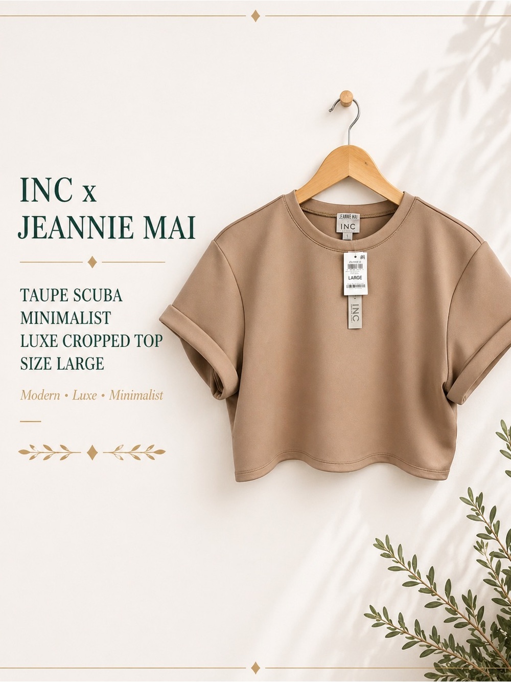 INC x Jeannie Mai Taupe Scuba Minimalist Luxe Cropped Top Size Large